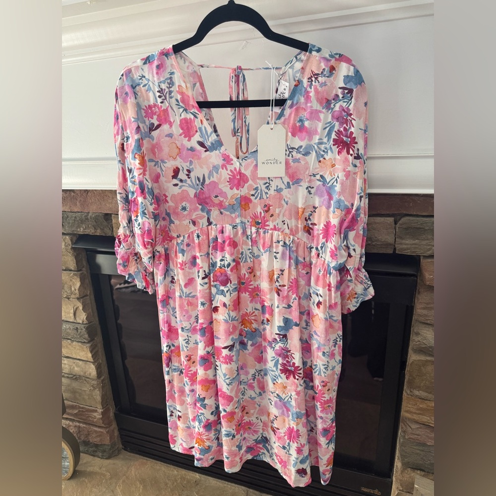 Emily Wonder Brand Floral V-Neck Babydoll Dress - Pink Floral